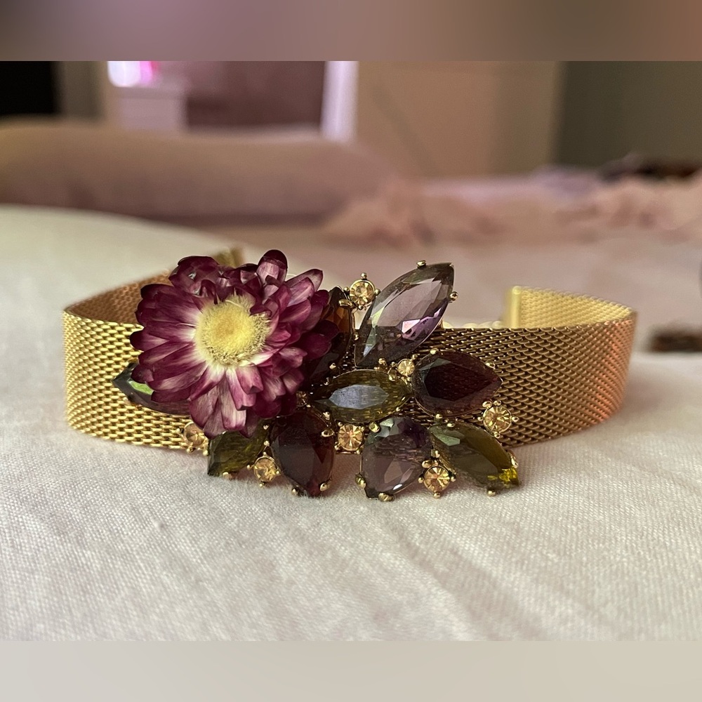 Monet Gold Tone Adjustable Fairy Choker Glass Jewel Leaf Gems Strawflower